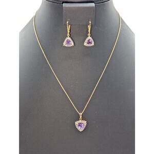 Vintage 925 Sterling Vermeil Faceted Purple Sapphire Pendant Necklace & Earrings
